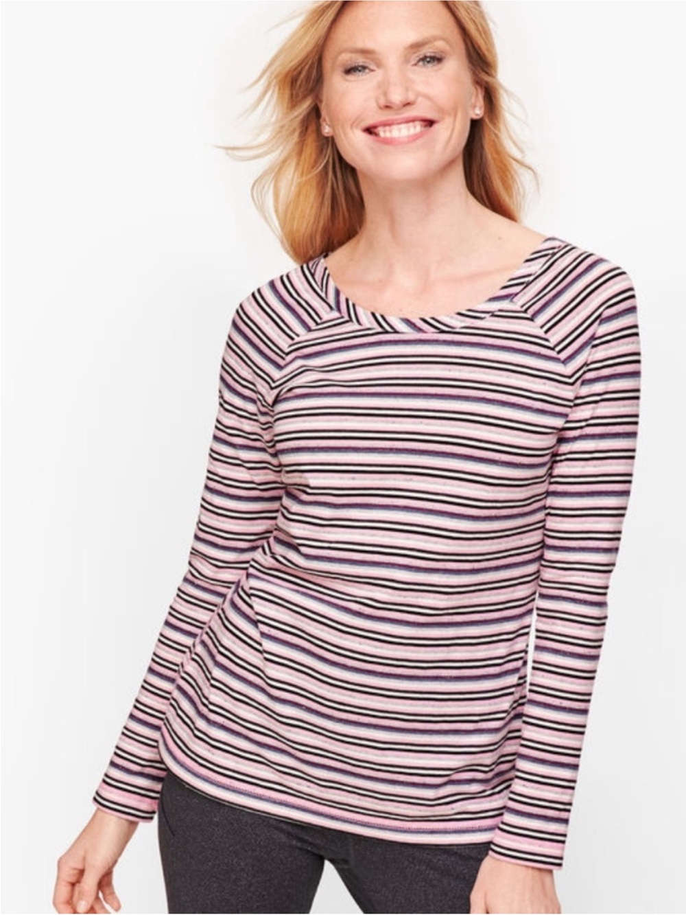 NWOT T by Talbots Pink Grey Stripes Long Sleeve Top Shirt Casual Size XS